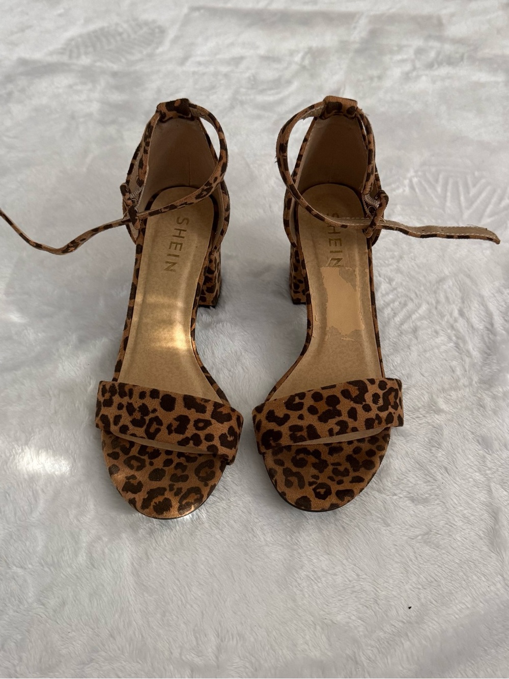 SHEIN Leopard-Print Ankle Tie Block Heel Sandals